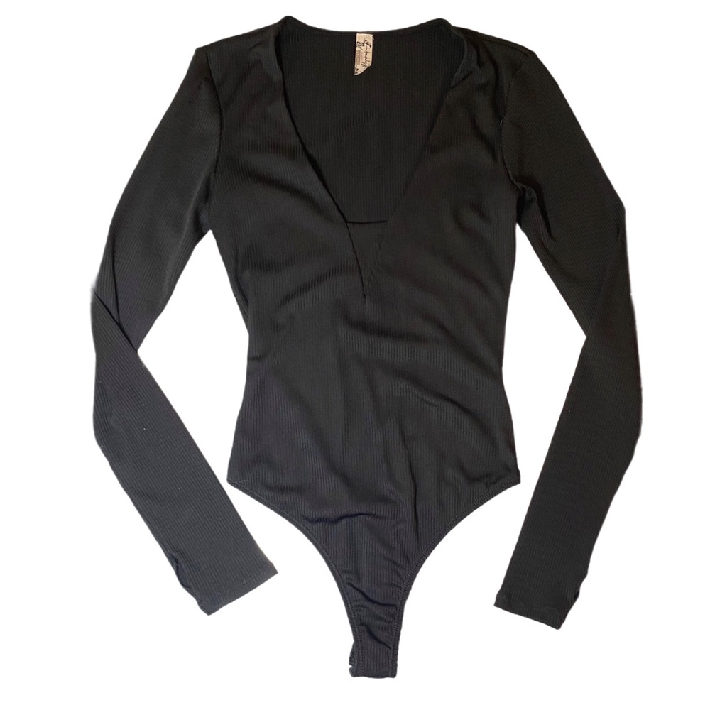 Free People Intimately Black Fitted Bodysuit With Long Sleeves Size XS